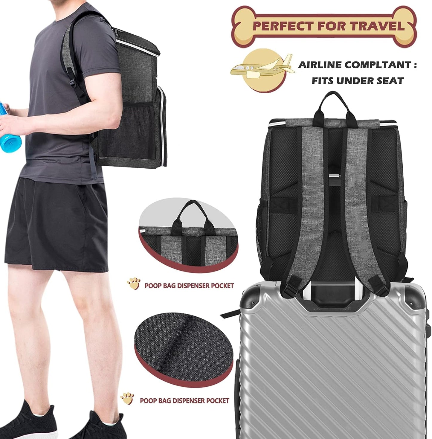 Ultimate Grey Dog Travel Backpack - Airline Approved with Collapsible Bowls and Food Baskets for Your Adventures with Pets