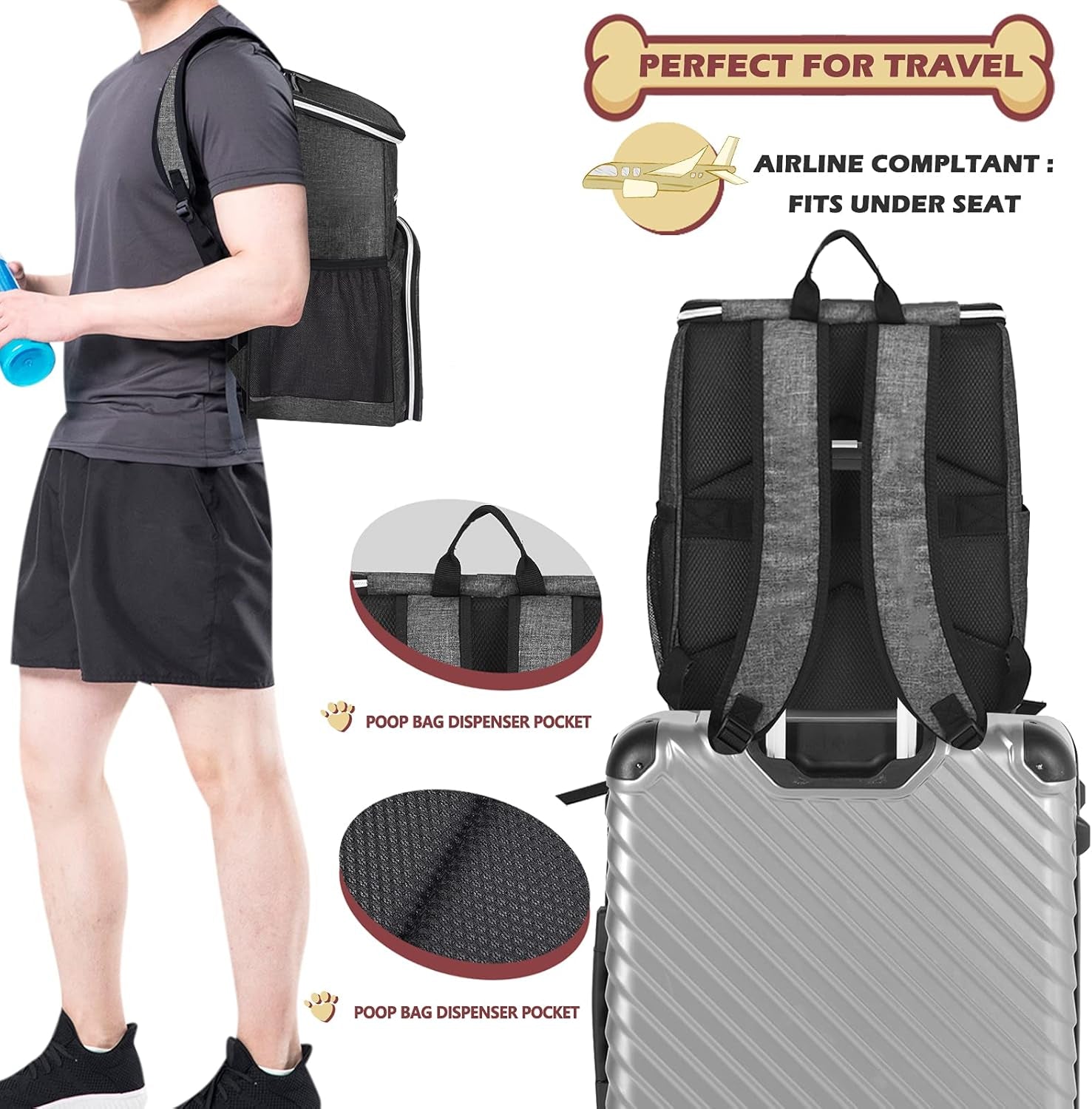 Ultimate Grey Dog Travel Backpack - Airline Approved with Collapsible Bowls and Food Baskets for Your Adventures with Pets