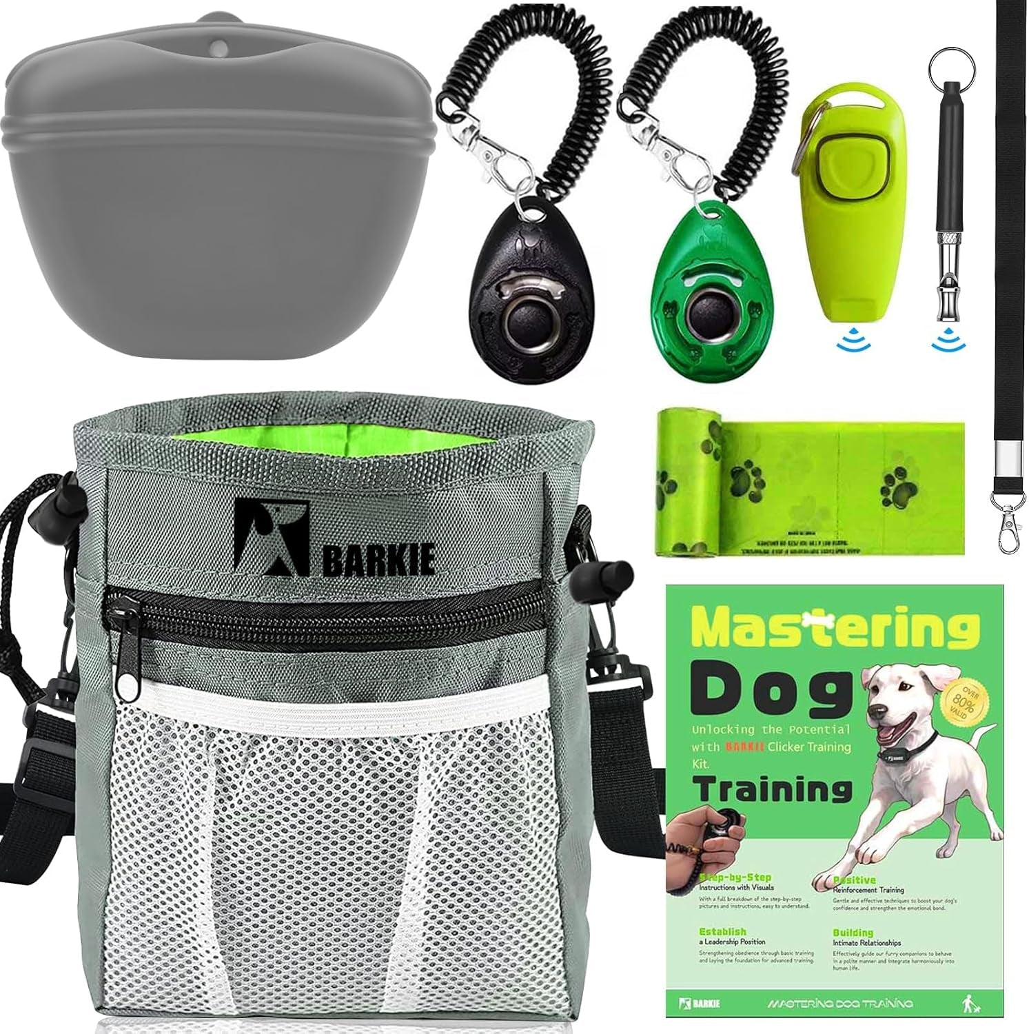 Comprehensive Dog Training Kit - All-in-One Treat Pouch, Fanny Pack, Clickers, Whistle & Guide for Effective Puppy Training (Grey)