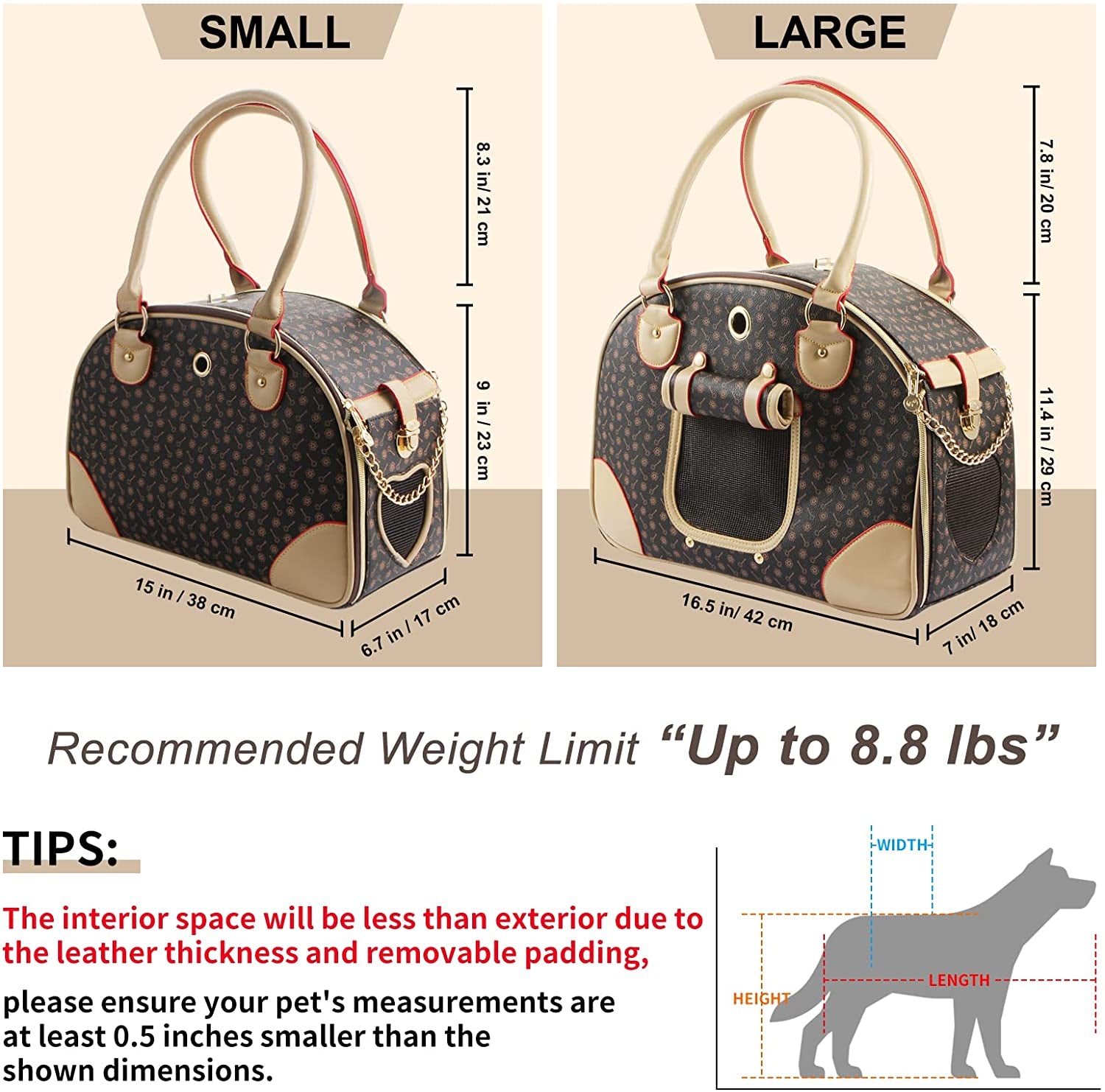 Chic Airline-Approved Faux Leather Pet Carrier - Stylish Brown Bag for Dogs and Cats, Perfect for Travel and Hiking, Large Size 42 x 29 x 18 cm