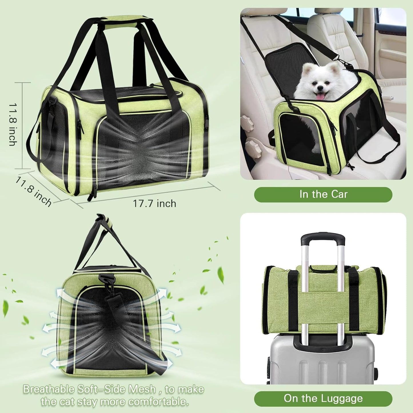 Ultimate Cat Carrier Soft-Sided Travel Kit: Comfortable & Convenient Litter Box for Cats Up to 20lbs - Perfect for Adventures in Green & Black!