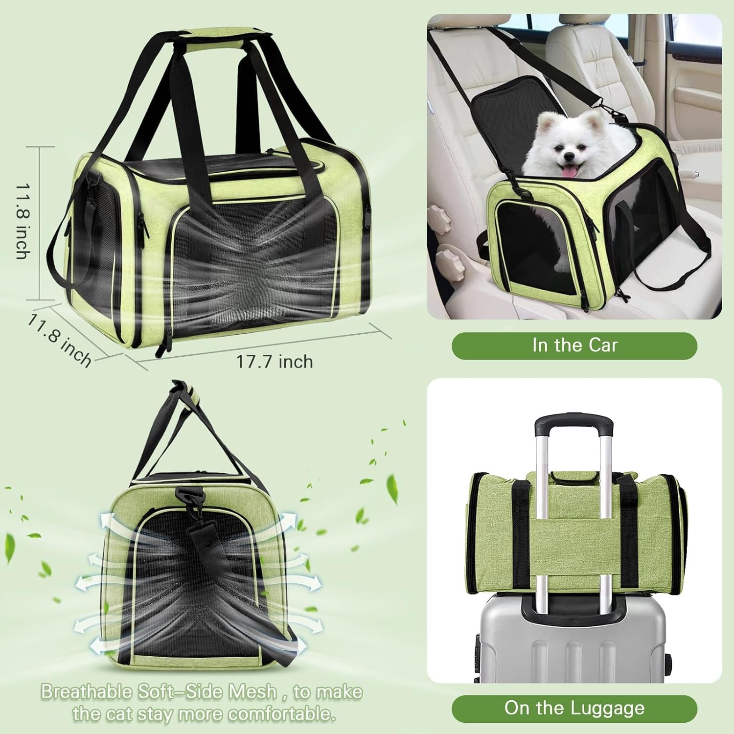 Ultimate Cat Carrier Soft-Sided Travel Kit: Comfortable & Convenient Litter Box for Cats Up to 20lbs - Perfect for Adventures in Green & Black!