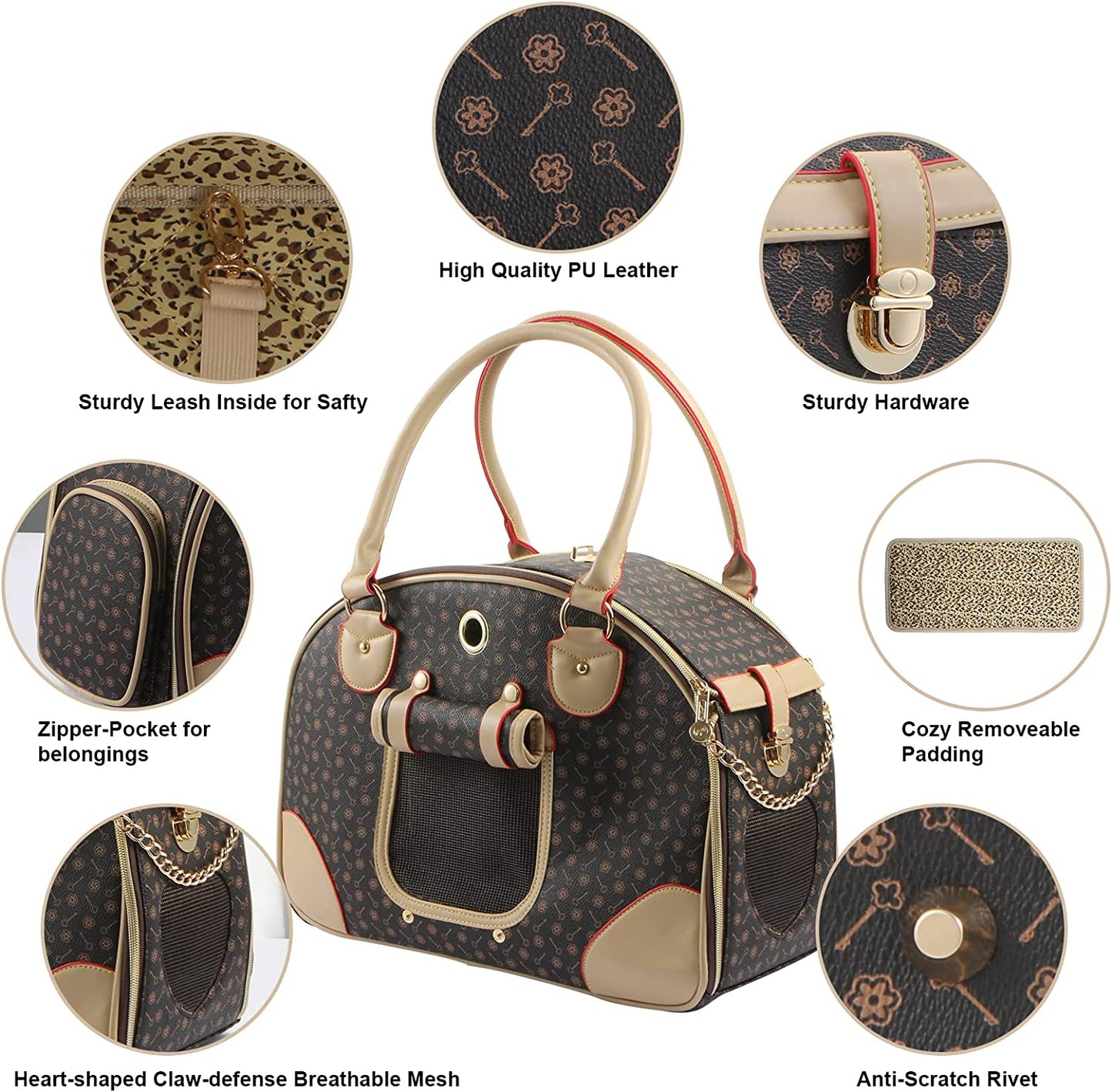 Chic Airline-Approved Faux Leather Pet Carrier - Stylish Brown Bag for Dogs and Cats, Perfect for Travel and Hiking, Large Size 42 x 29 x 18 cm