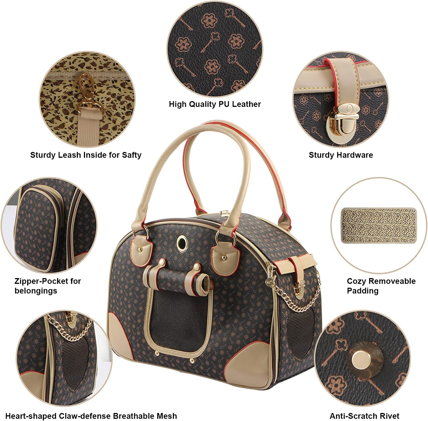 Chic Airline-Approved Faux Leather Pet Carrier - Stylish Brown Bag for Dogs and Cats, Perfect for Travel and Hiking, Large Size 42 x 29 x 18 cm