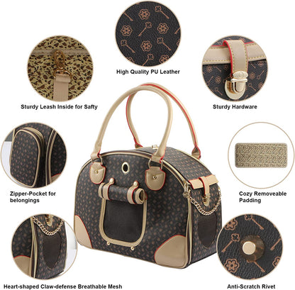 Chic Airline-Approved Faux Leather Pet Carrier - Stylish Brown Bag for Dogs and Cats, Perfect for Travel and Hiking, Large Size 42 x 29 x 18 cm
