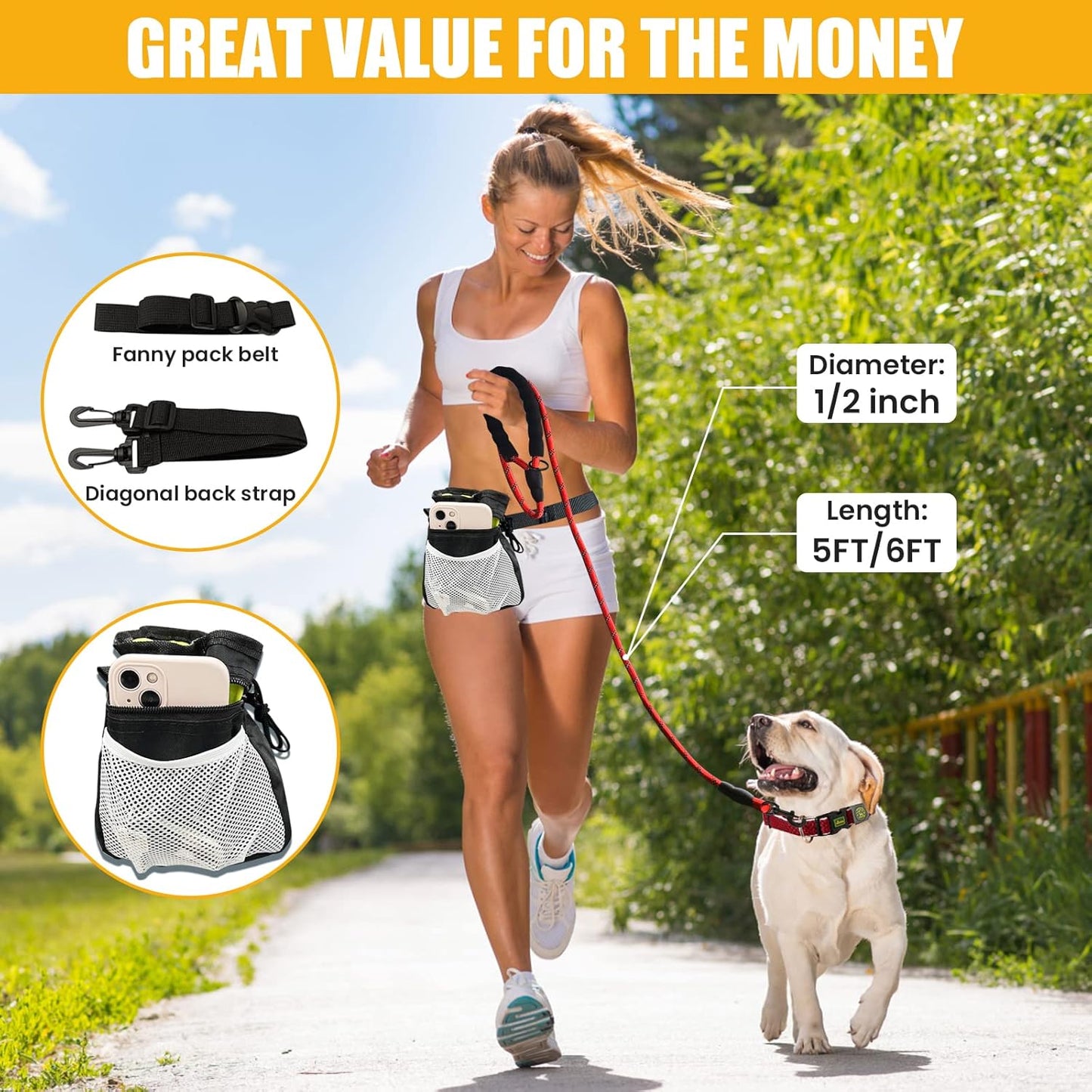 Ultimate 5/6 Ft Dog Leash with Reflective Threads & Padded Handle - Versatile Dog Treat Pouch Included for Effortless Walks & Training!