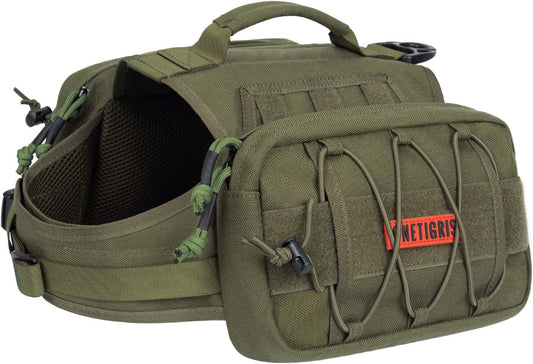Adventure-Ready Dog Backpack for Medium & Large Dogs - Durable Tactical Nylon Pack with Side Pockets for Hiking, Walking, and Training (Green, Large)