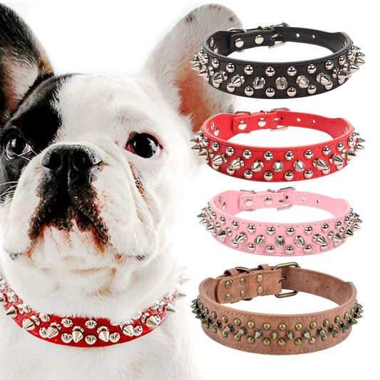 Stylish and Durable Spiked Studded Leather Dog Collar - Adjustable for Small to Large Breeds