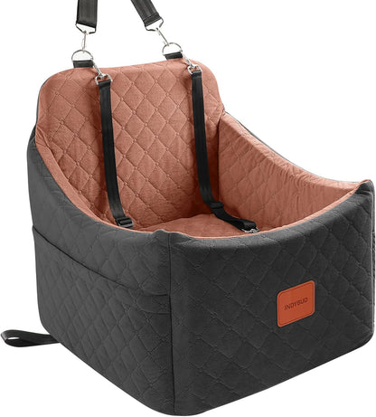 Premium Portable Dog Car Seat for Small to Medium Pets - Detachable, Washable Booster Seat with Safety Belt and Storage Pockets (Black/Brown)