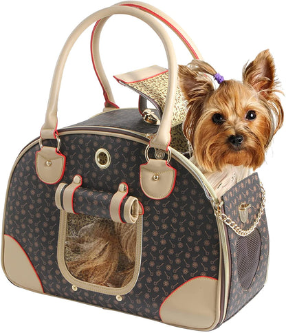 Chic Airline-Approved Faux Leather Pet Carrier - Stylish Brown Bag for Dogs and Cats, Perfect for Travel and Hiking, Large Size 42 x 29 x 18 cm