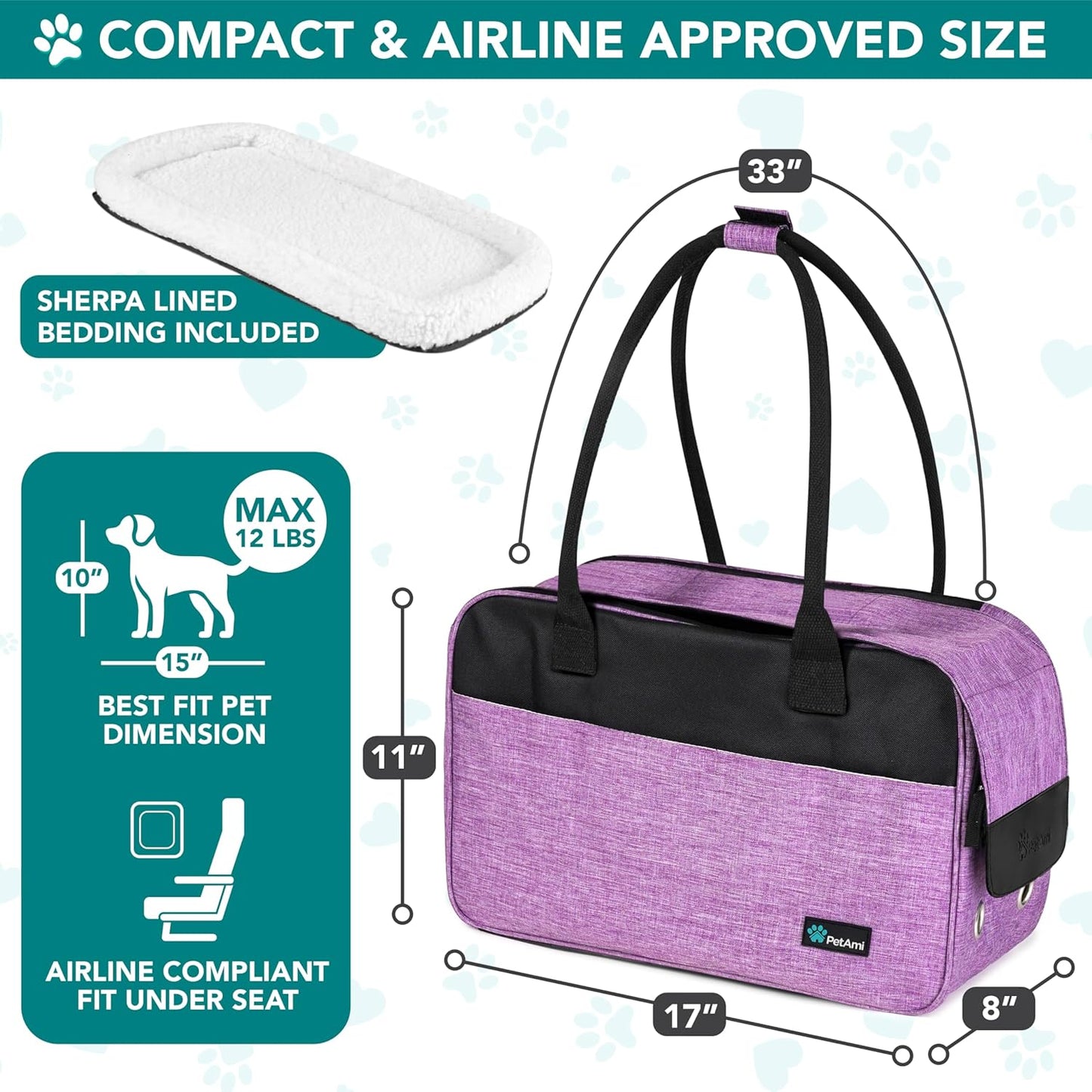 Premium Airline Approved Dog Purse Carrier - Stylish & Comfortable Soft-Sided Pet Bag for Small Dogs and Cats, Perfect for Travel - Cozy Sherpa Bed Included, Max Weight 12 lbs, Vibrant Purple