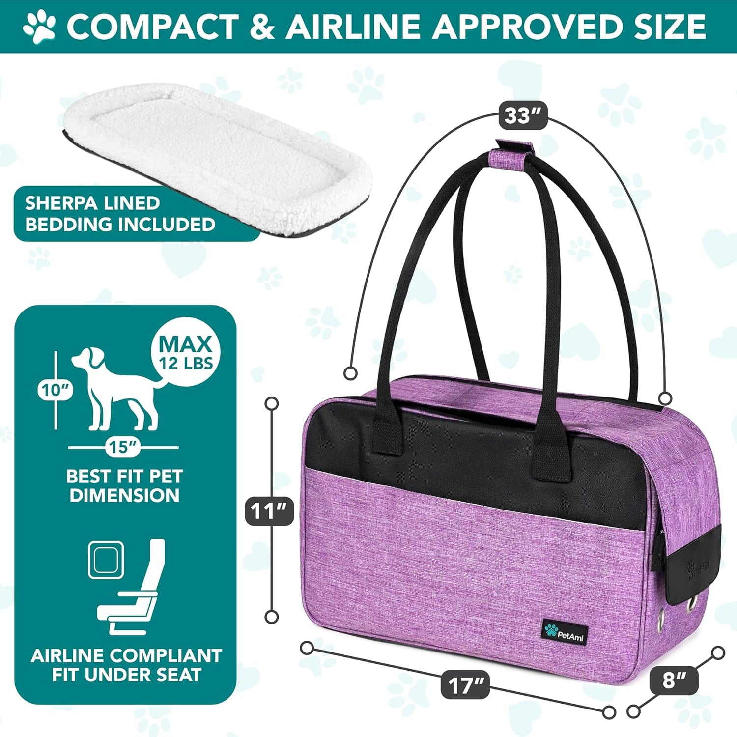Premium Airline Approved Dog Purse Carrier - Stylish & Comfortable Soft-Sided Pet Bag for Small Dogs and Cats, Perfect for Travel - Cozy Sherpa Bed Included, Max Weight 12 lbs, Vibrant Purple