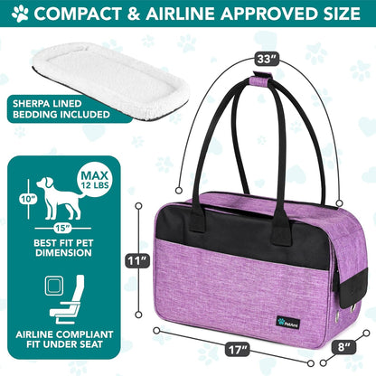 Premium Airline Approved Dog Purse Carrier - Stylish & Comfortable Soft-Sided Pet Bag for Small Dogs and Cats, Perfect for Travel - Cozy Sherpa Bed Included, Max Weight 12 lbs, Vibrant Purple