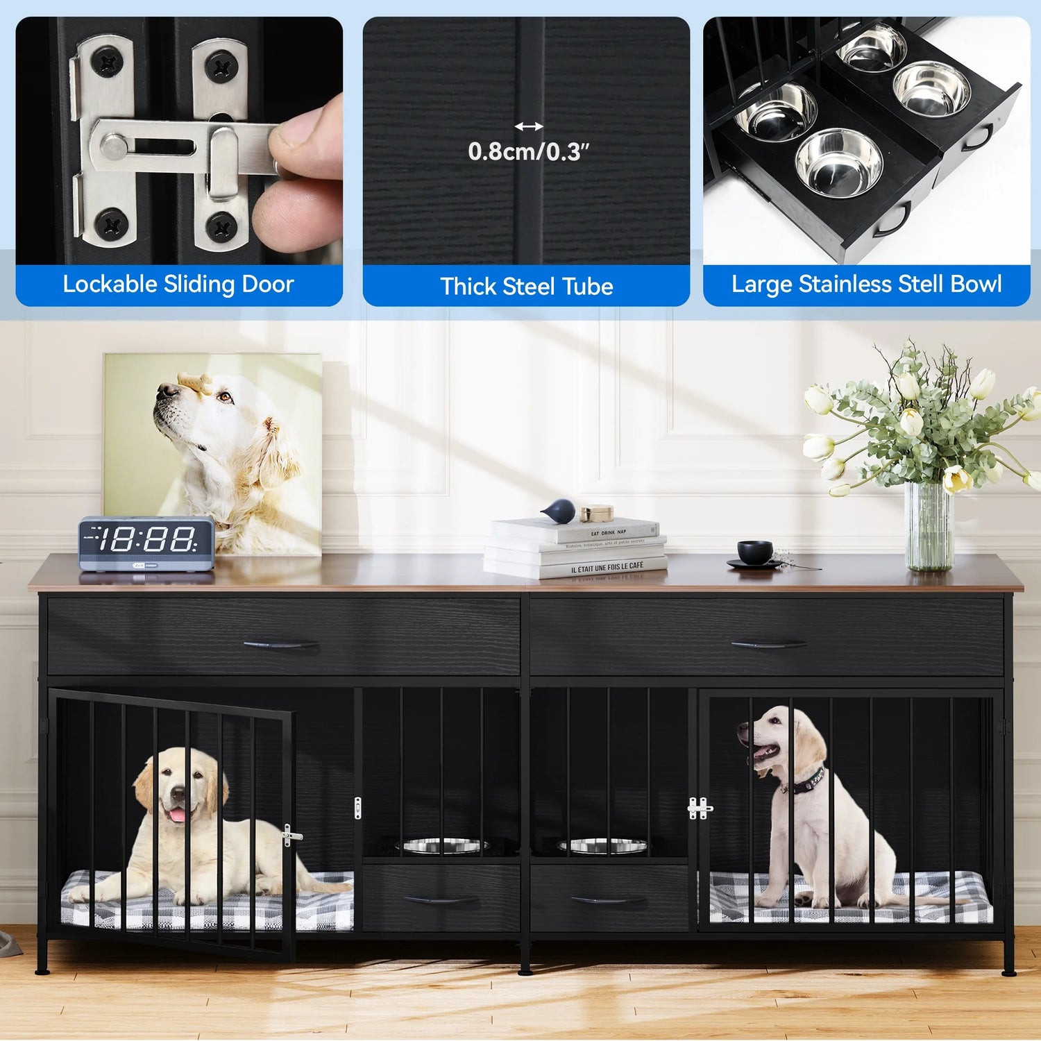 Stylish Indoor Dog Crate Furniture for Large Breeds with Convenient Storage & Double Feeding Stations - Perfect TV Stand and Side Table for Your Home