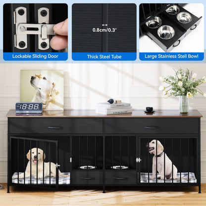 Stylish Indoor Dog Crate Furniture for Large Breeds with Convenient Storage & Double Feeding Stations - Perfect TV Stand and Side Table for Your Home