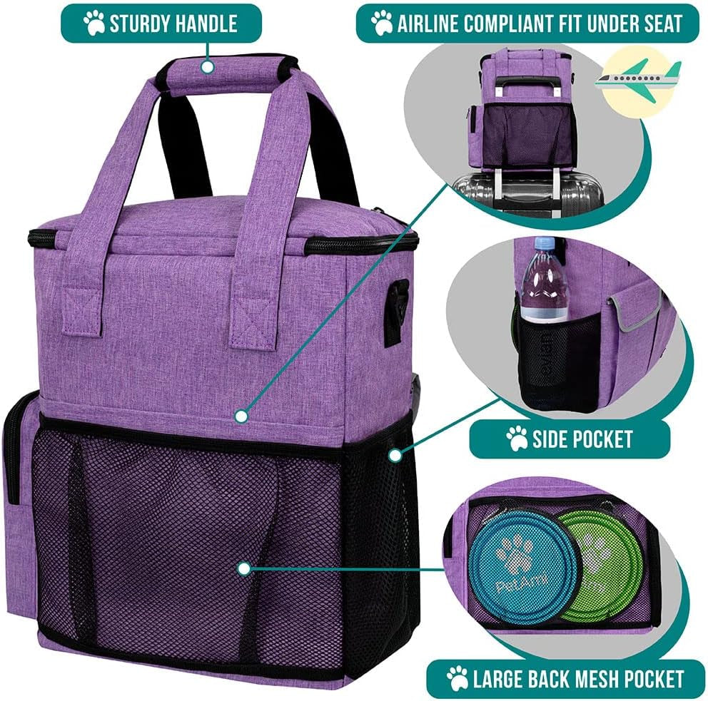 Ultimate Dog Travel Bag: All-in-One Pet Supplies Organizer for Adventures with Your Furry Friend - Includes Food Containers, Collapsible Bowls & Feeding Mat in Stylish Heather Purple