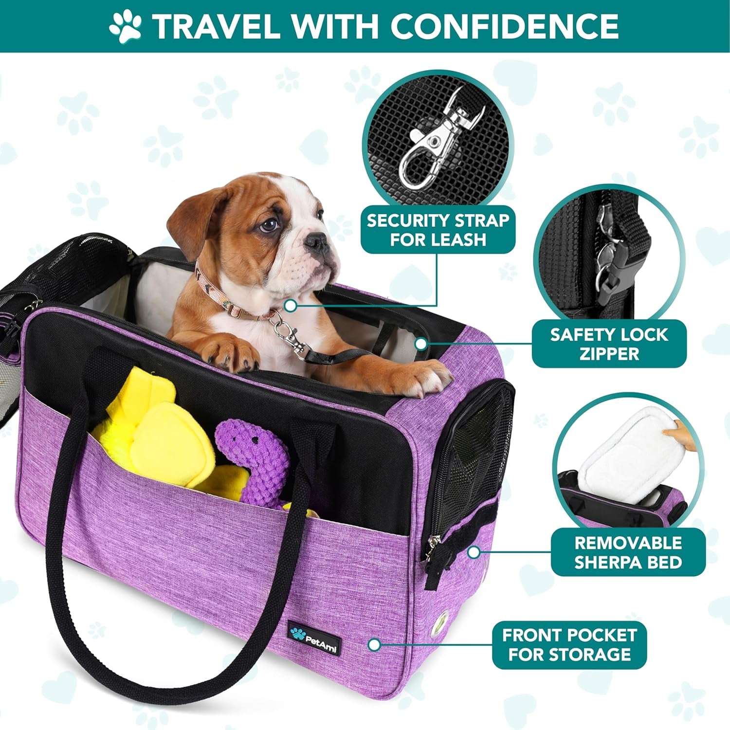 Premium Airline Approved Dog Purse Carrier - Stylish & Comfortable Soft-Sided Pet Bag for Small Dogs and Cats, Perfect for Travel - Cozy Sherpa Bed Included, Max Weight 12 lbs, Vibrant Purple