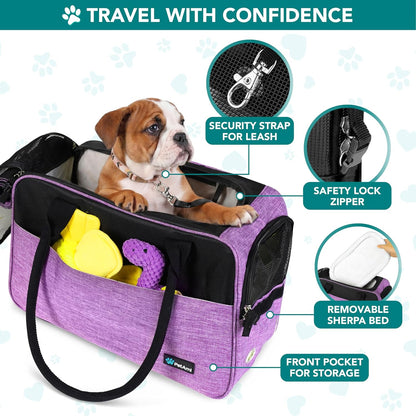 Premium Airline Approved Dog Purse Carrier - Stylish & Comfortable Soft-Sided Pet Bag for Small Dogs and Cats, Perfect for Travel - Cozy Sherpa Bed Included, Max Weight 12 lbs, Vibrant Purple