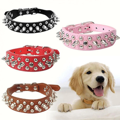 Stylish and Durable Spiked Studded Leather Dog Collar - Adjustable for Small to Large Breeds