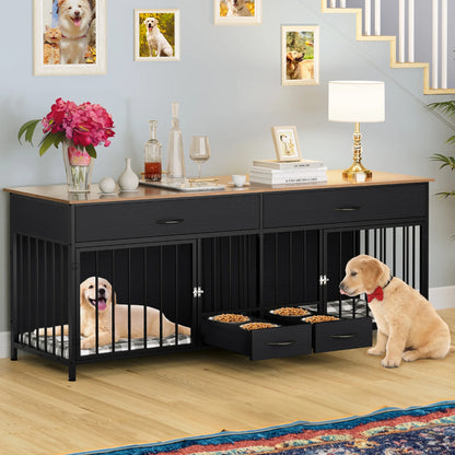 Stylish Indoor Dog Crate Furniture for Large Breeds with Convenient Storage & Double Feeding Stations - Perfect TV Stand and Side Table for Your Home