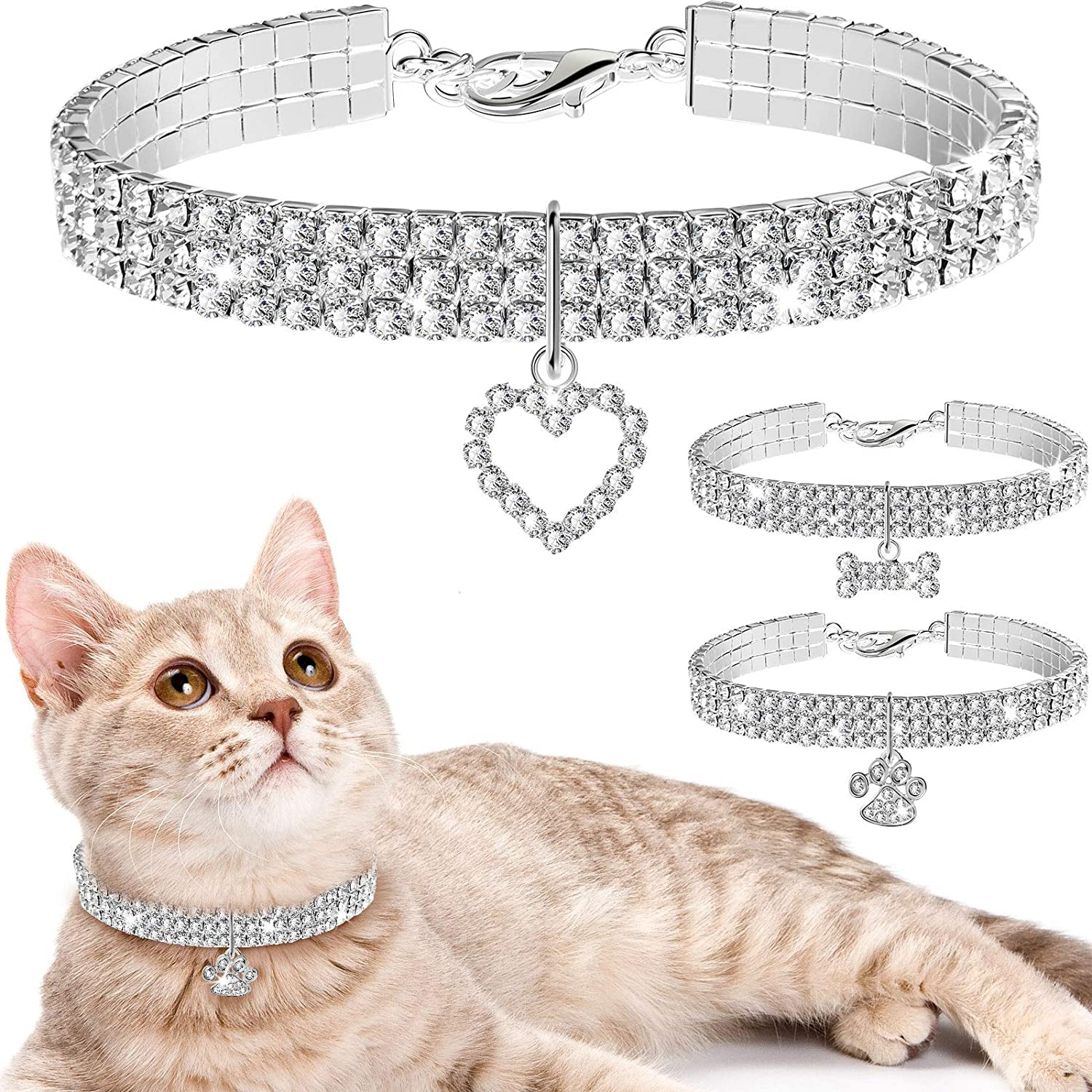 Sparkling 3-Piece Rhinestone Pet Collar Set - Adjustable Crystal Necklaces for Small Dogs and Cats