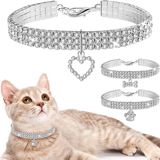 Sparkling 3-Piece Rhinestone Pet Collar Set - Adjustable Crystal Necklaces for Small Dogs and Cats