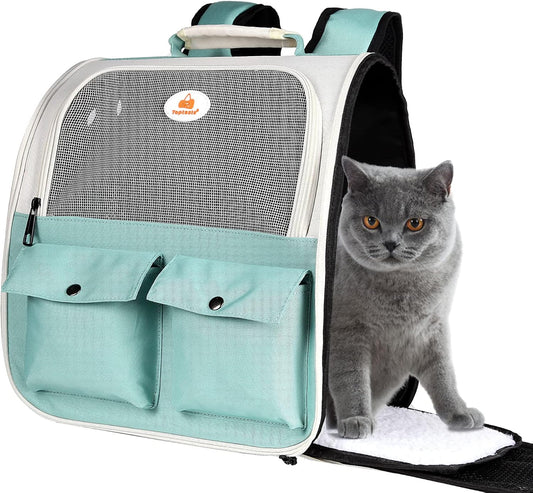 Adventure-Ready Cat Backpack Carrier - Airline Approved, Ventilated Design for Small Pets, Perfect for Hiking and Camping, Holds Up to 15 Pounds in Light Blue