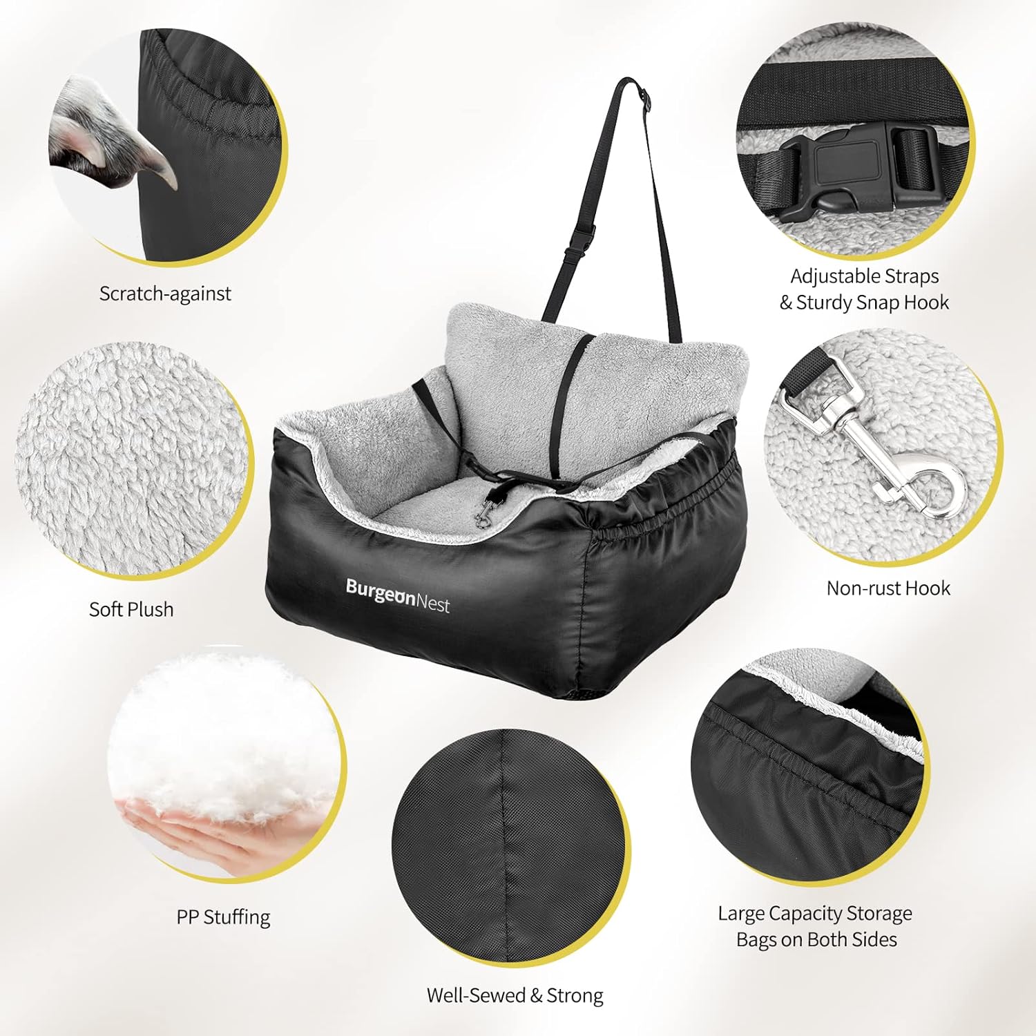 Premium Black Dog Car Seat for Small Dogs - Soft, Fully Detachable & Washable Booster Seat with Storage Pockets and Adjustable Leash for Travel Comfort