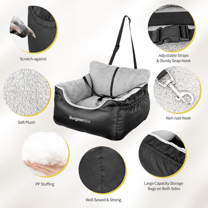 Premium Black Dog Car Seat for Small Dogs - Soft, Fully Detachable & Washable Booster Seat with Storage Pockets and Adjustable Leash for Travel Comfort