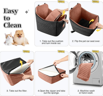 Premium Portable Dog Car Seat for Small to Medium Pets - Detachable, Washable Booster Seat with Safety Belt and Storage Pockets (Black/Brown)