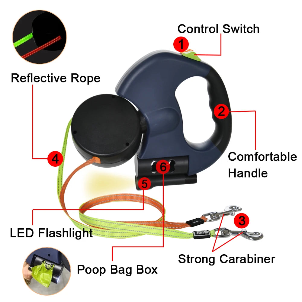 Elevate Your Walks with the 3M Retractable Reflective Dual Dog Leash - Perfect for Small Dogs!