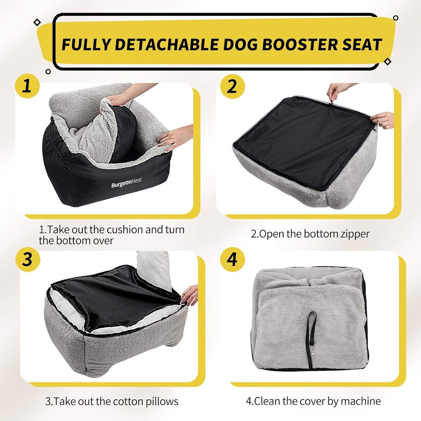 Premium Black Dog Car Seat for Small Dogs - Soft, Fully Detachable & Washable Booster Seat with Storage Pockets and Adjustable Leash for Travel Comfort