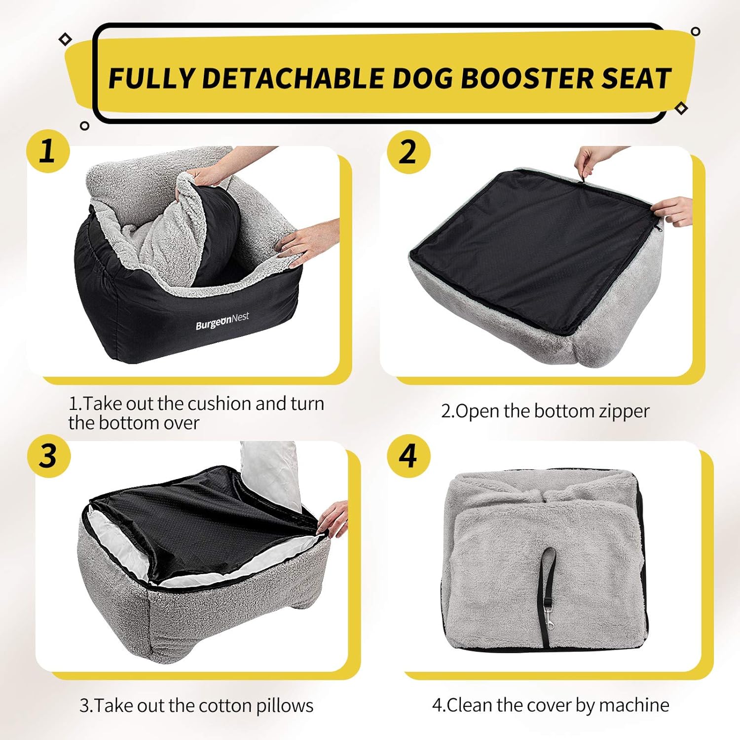 Premium Black Dog Car Seat for Small Dogs - Soft, Fully Detachable & Washable Booster Seat with Storage Pockets and Adjustable Leash for Travel Comfort