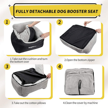 Premium Black Dog Car Seat for Small Dogs - Soft, Fully Detachable & Washable Booster Seat with Storage Pockets and Adjustable Leash for Travel Comfort
