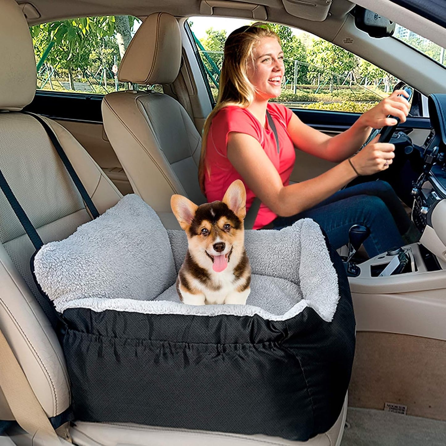 Premium Black Dog Car Seat for Small Dogs - Soft, Fully Detachable & Washable Booster Seat with Storage Pockets and Adjustable Leash for Travel Comfort