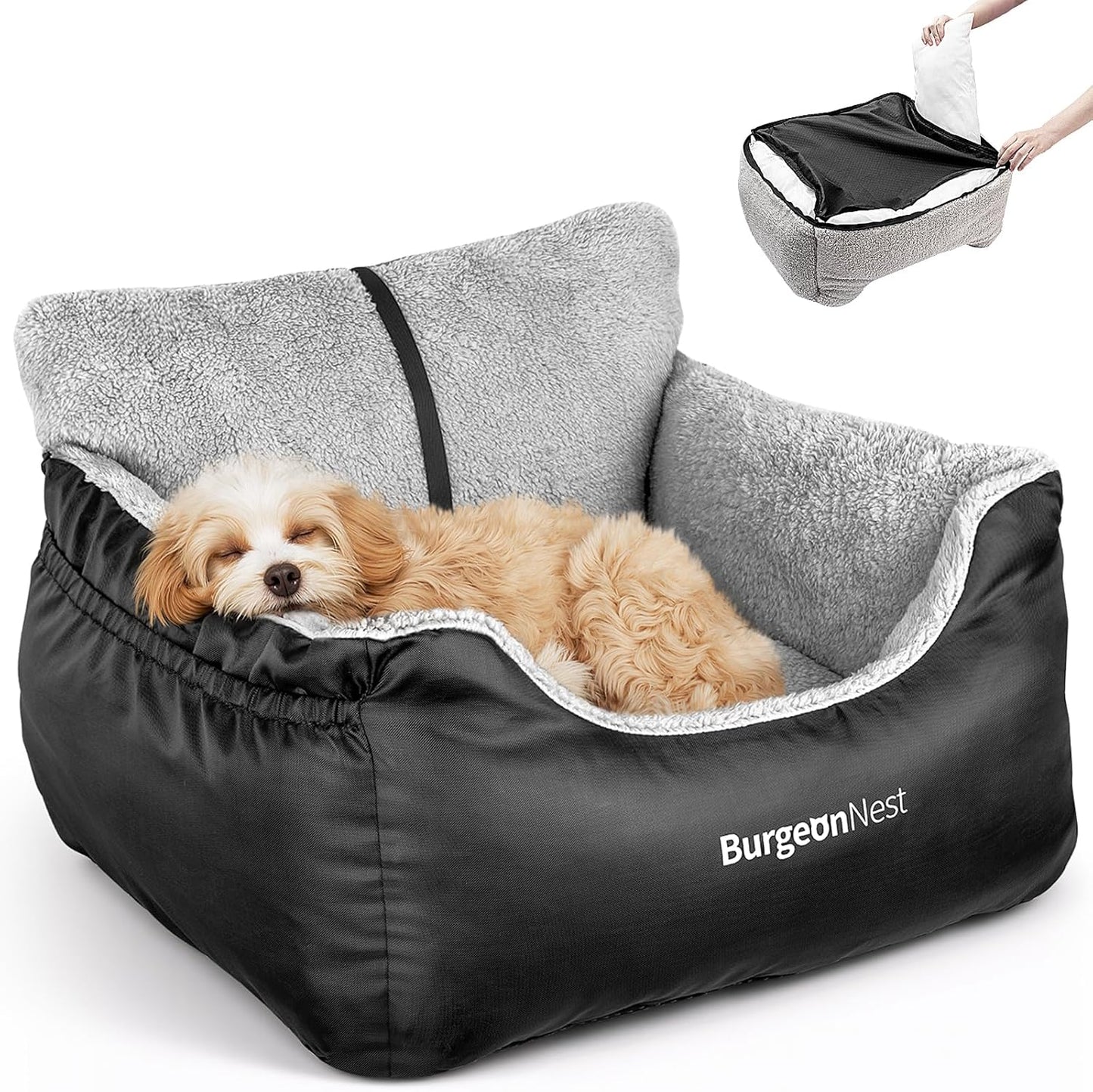 Premium Black Dog Car Seat for Small Dogs - Soft, Fully Detachable & Washable Booster Seat with Storage Pockets and Adjustable Leash for Travel Comfort