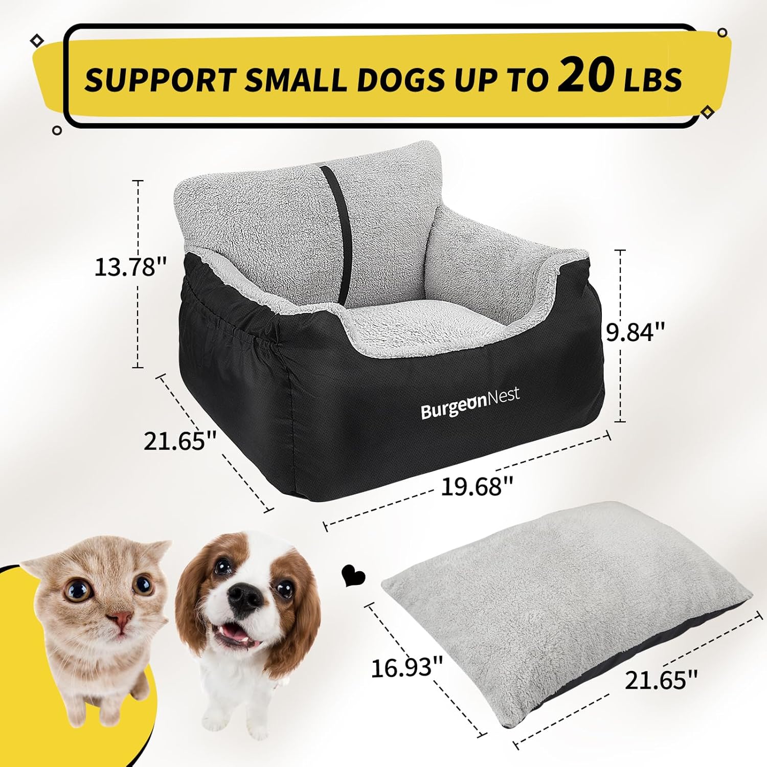 Premium Black Dog Car Seat for Small Dogs - Soft, Fully Detachable & Washable Booster Seat with Storage Pockets and Adjustable Leash for Travel Comfort