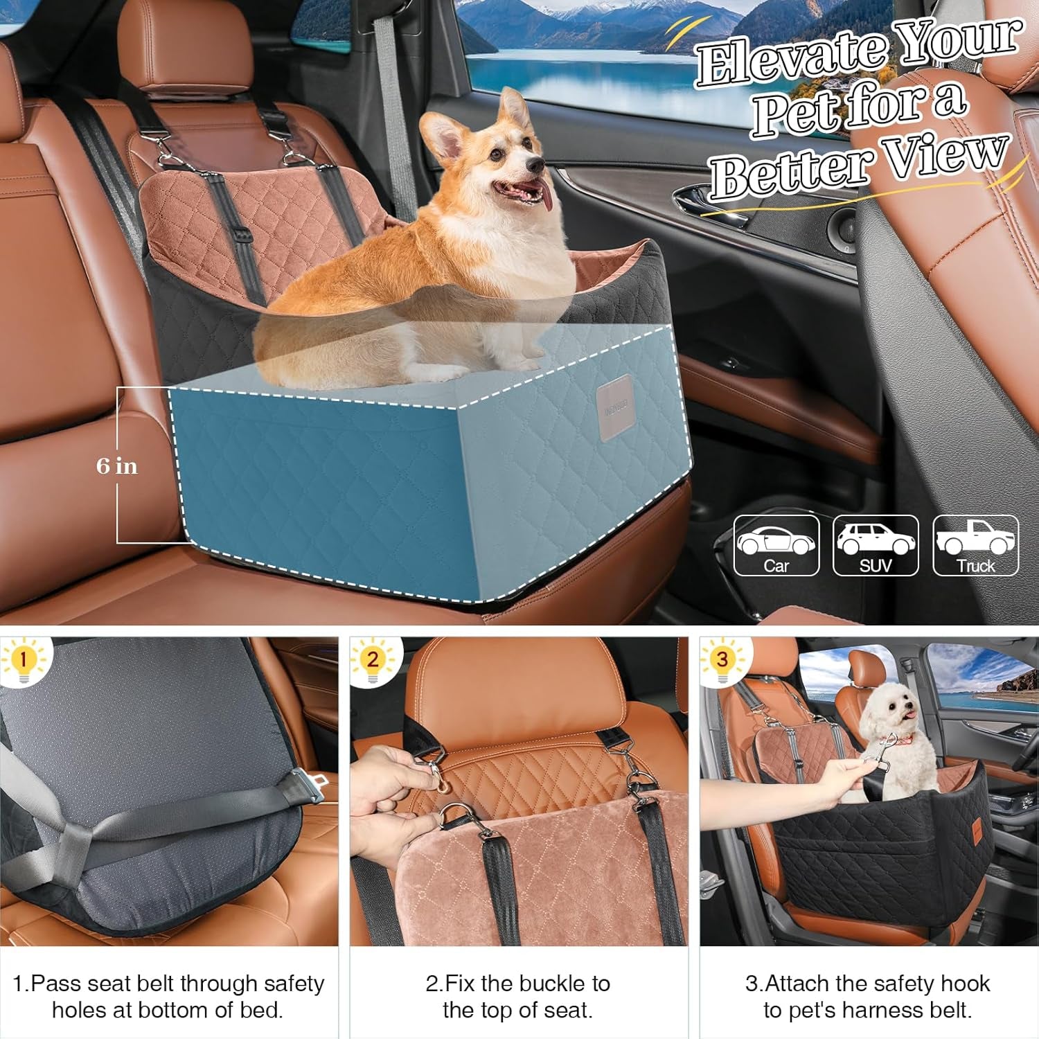 Premium Portable Dog Car Seat for Small to Medium Pets - Detachable, Washable Booster Seat with Safety Belt and Storage Pockets (Black/Brown)