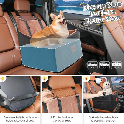 Premium Portable Dog Car Seat for Small to Medium Pets - Detachable, Washable Booster Seat with Safety Belt and Storage Pockets (Black/Brown)