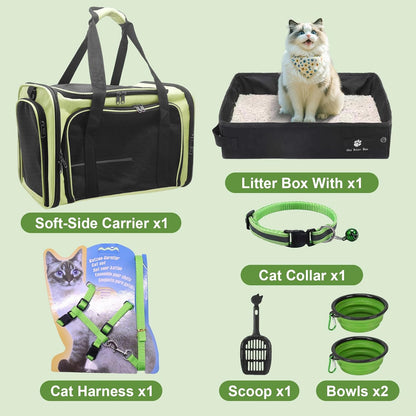 Ultimate Cat Carrier Soft-Sided Travel Kit: Comfortable & Convenient Litter Box for Cats Up to 20lbs - Perfect for Adventures in Green & Black!