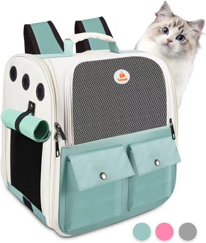 Adventure-Ready Cat Backpack Carrier - Airline Approved, Ventilated Design for Small Pets, Perfect for Hiking and Camping, Holds Up to 15 Pounds in Light Blue