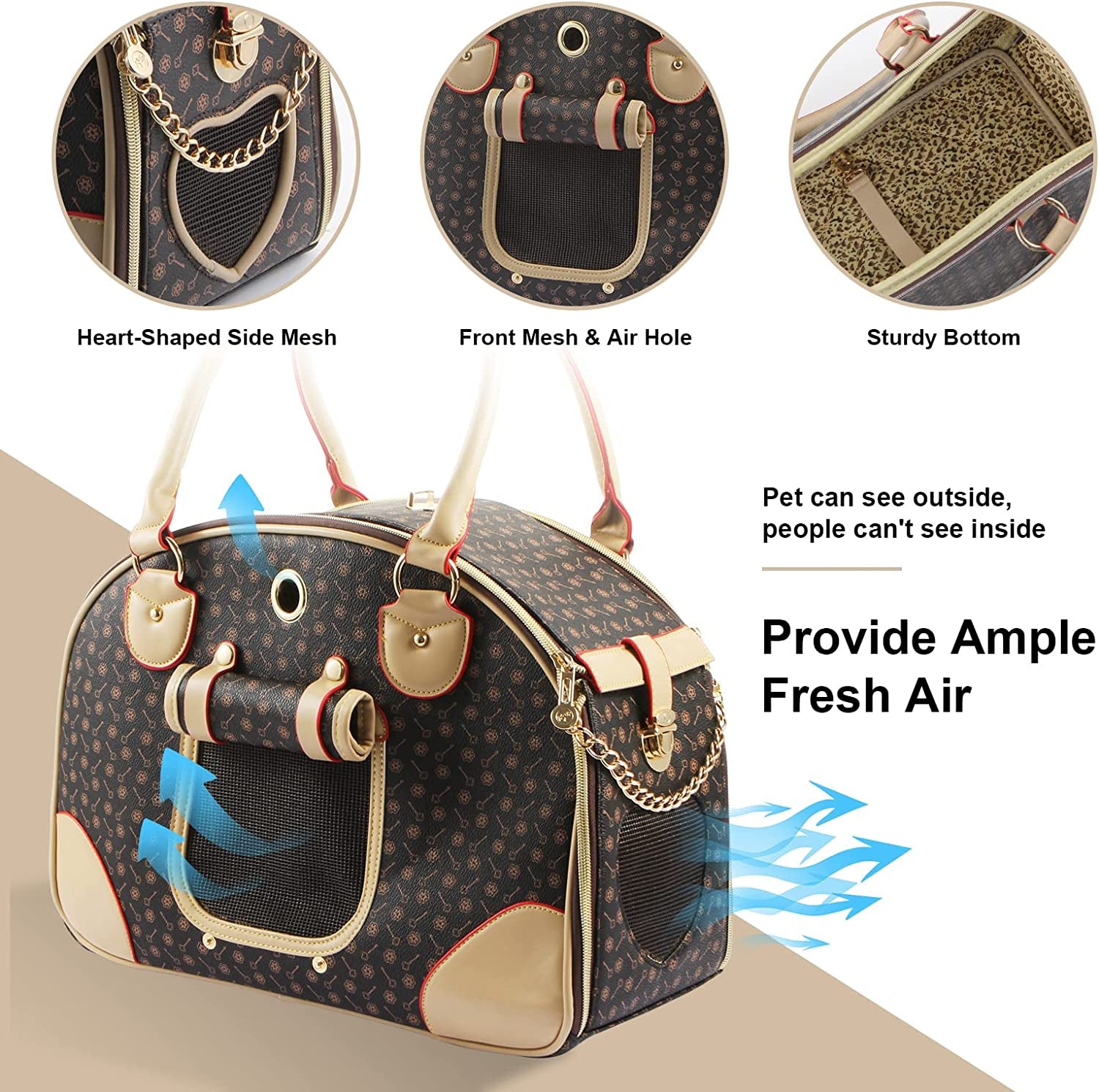Chic Airline-Approved Faux Leather Pet Carrier - Stylish Brown Bag for Dogs and Cats, Perfect for Travel and Hiking, Large Size 42 x 29 x 18 cm
