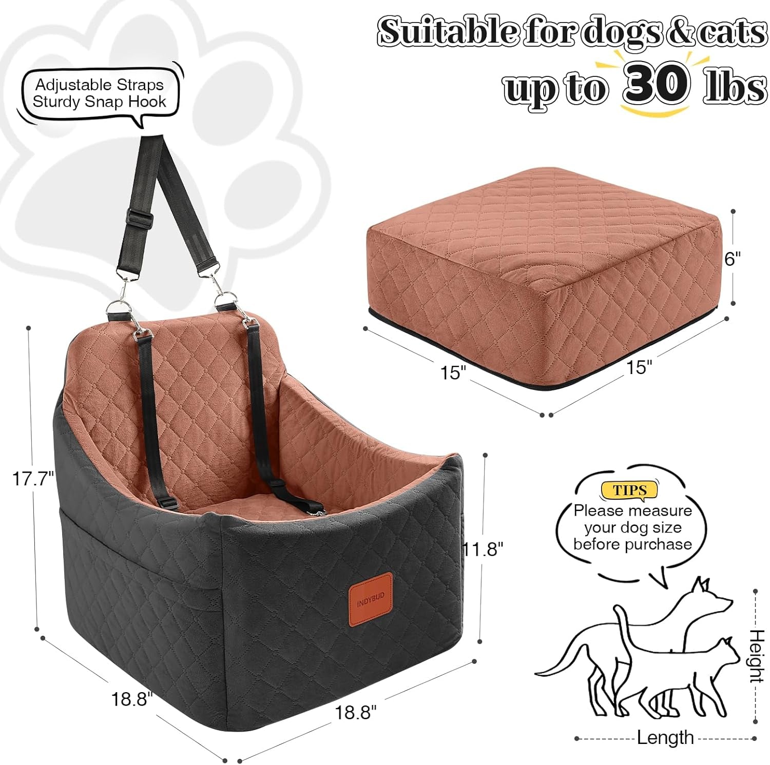 Premium Portable Dog Car Seat for Small to Medium Pets - Detachable, Washable Booster Seat with Safety Belt and Storage Pockets (Black/Brown)