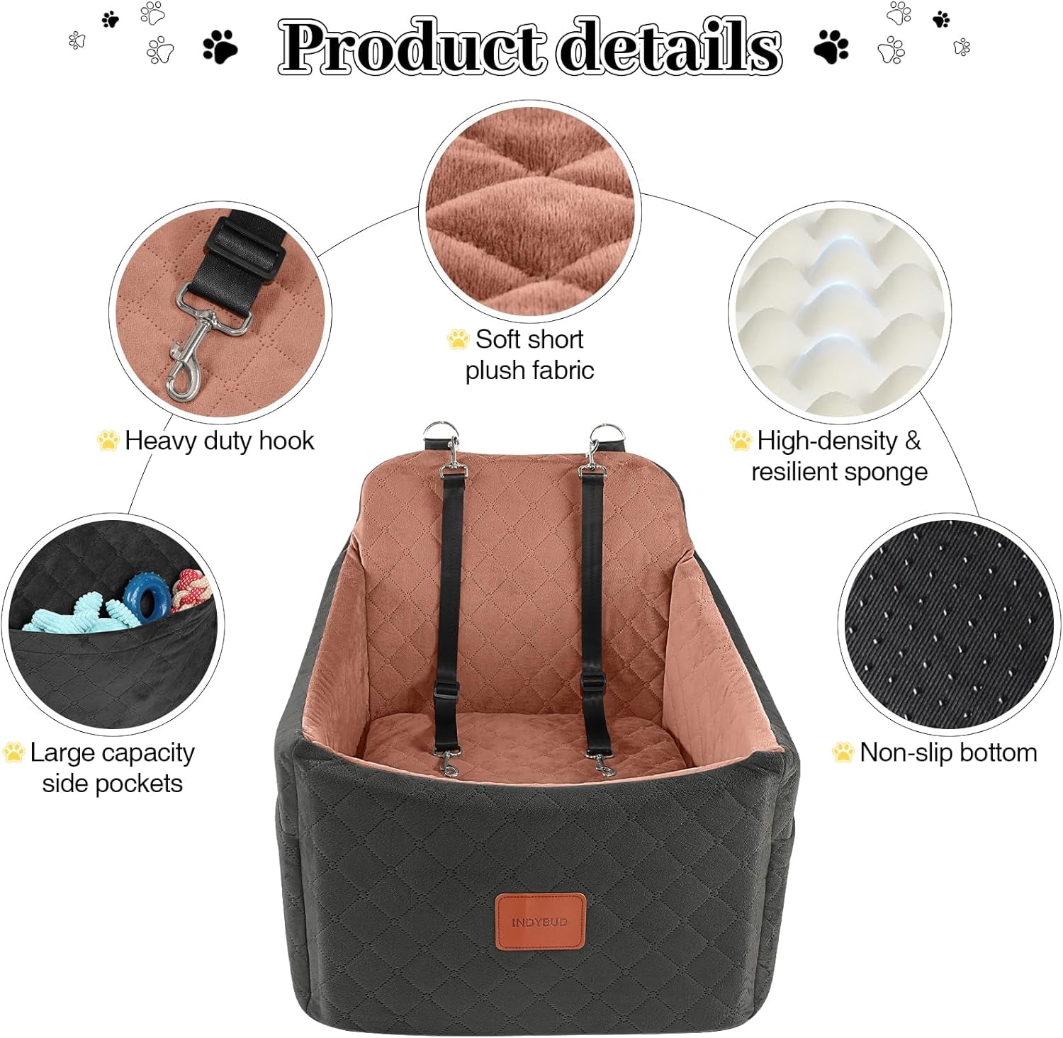 Premium Portable Dog Car Seat for Small to Medium Pets - Detachable, Washable Booster Seat with Safety Belt and Storage Pockets (Black/Brown)