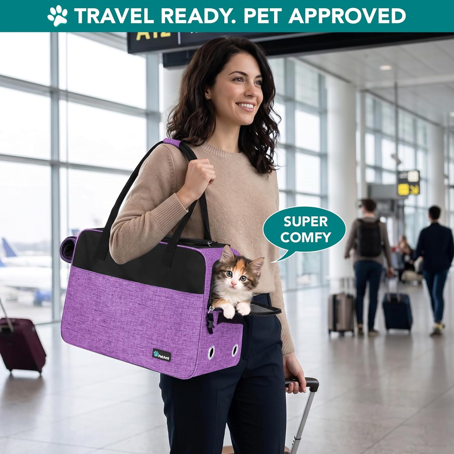 Premium Airline Approved Dog Purse Carrier - Stylish & Comfortable Soft-Sided Pet Bag for Small Dogs and Cats, Perfect for Travel - Cozy Sherpa Bed Included, Max Weight 12 lbs, Vibrant Purple