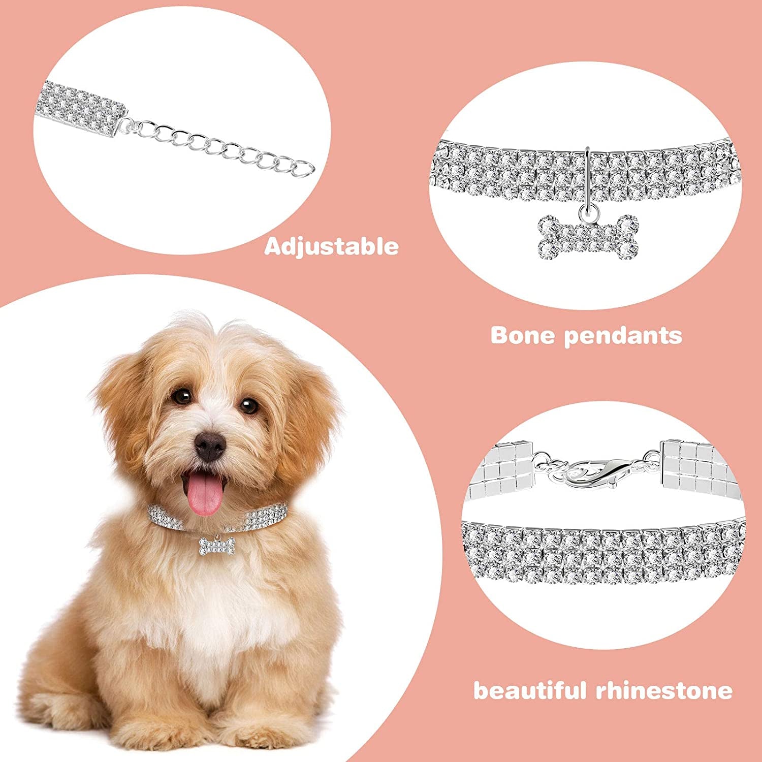 Sparkling 3-Piece Rhinestone Pet Collar Set - Adjustable Crystal Necklaces for Small Dogs and Cats