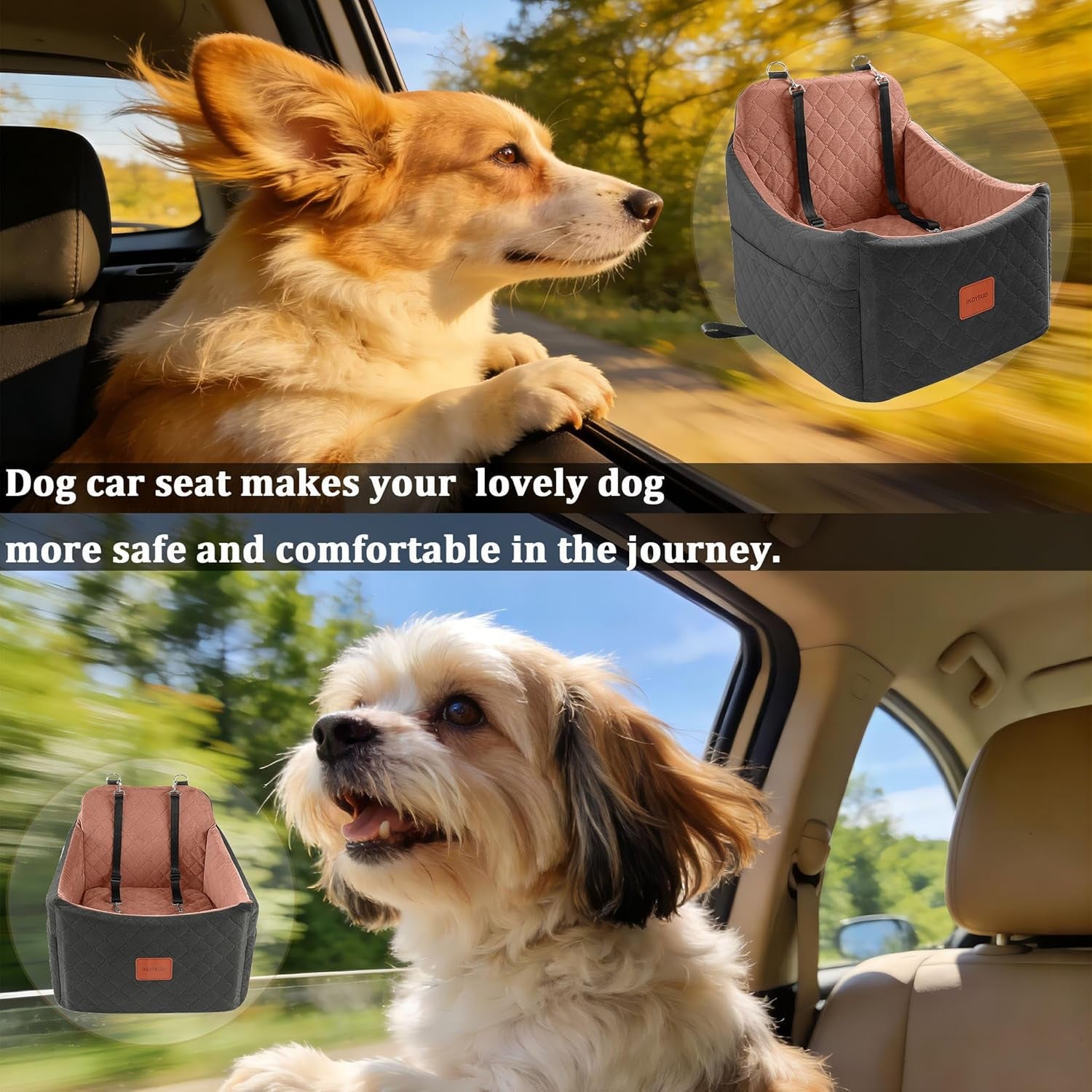 Premium Portable Dog Car Seat for Small to Medium Pets - Detachable, Washable Booster Seat with Safety Belt and Storage Pockets (Black/Brown)