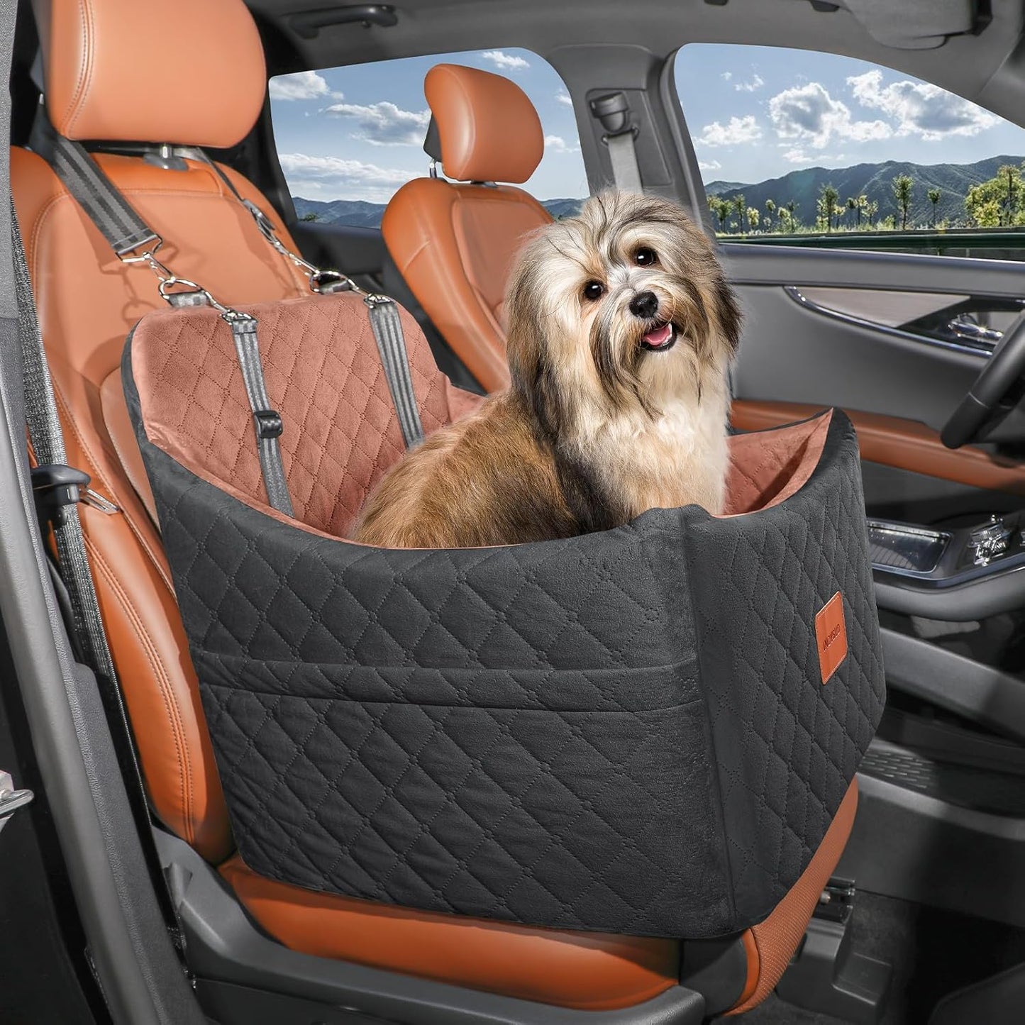 Premium Portable Dog Car Seat for Small to Medium Pets - Detachable, Washable Booster Seat with Safety Belt and Storage Pockets (Black/Brown)