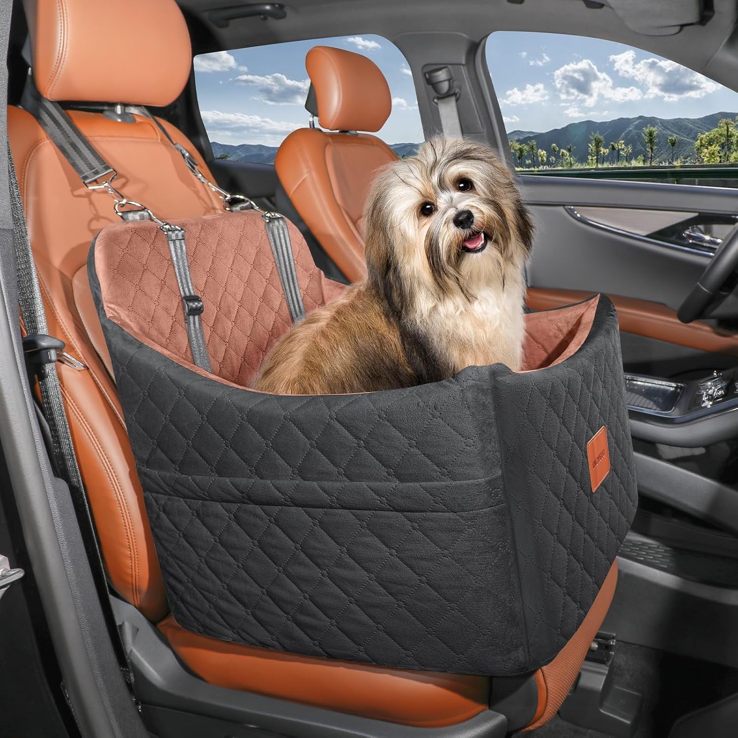 Premium Portable Dog Car Seat for Small to Medium Pets - Detachable, Washable Booster Seat with Safety Belt and Storage Pockets (Black/Brown)