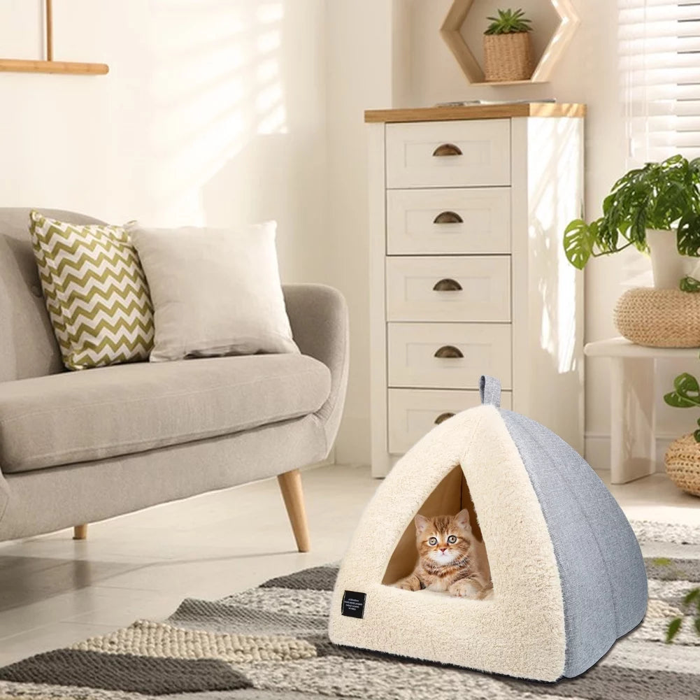 Cozy Triangle Cat Bed with Removable Cushion - Perfect for Cats and Dogs in Silver Gray